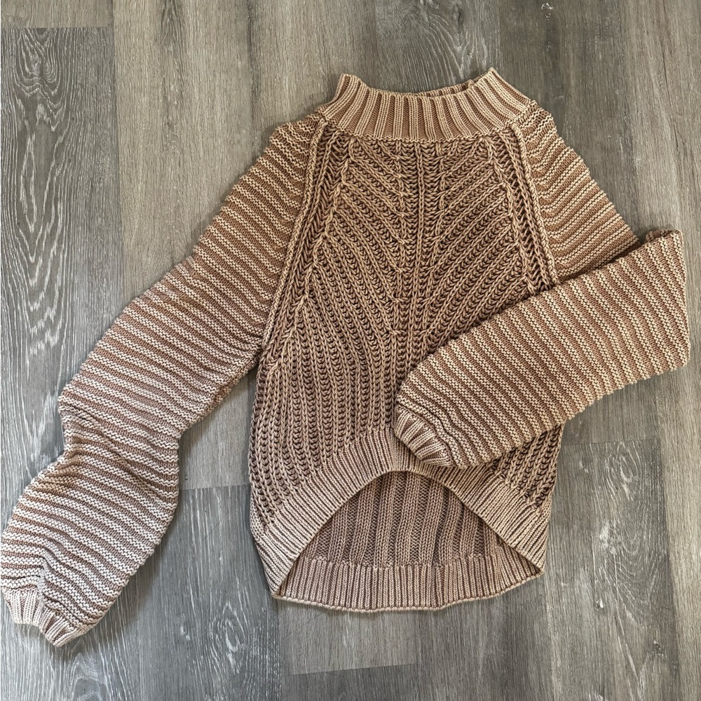 Free People Tan Cowl Neck Sweater with Balloon Sleeves